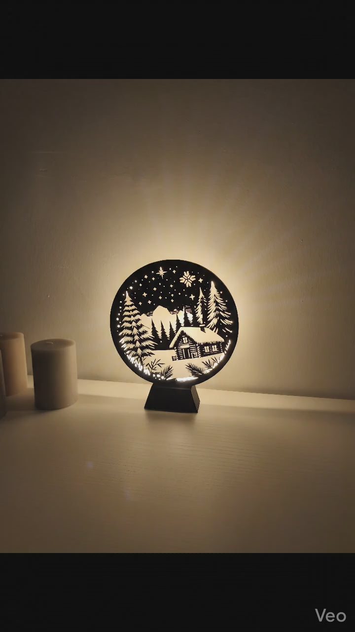 Yıldızlı Gece ve Dağ Evi Silüet Lamba - Dekoratif LED Aydınlatma